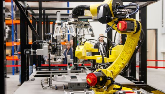 Industrial robotic arm on a factory production line